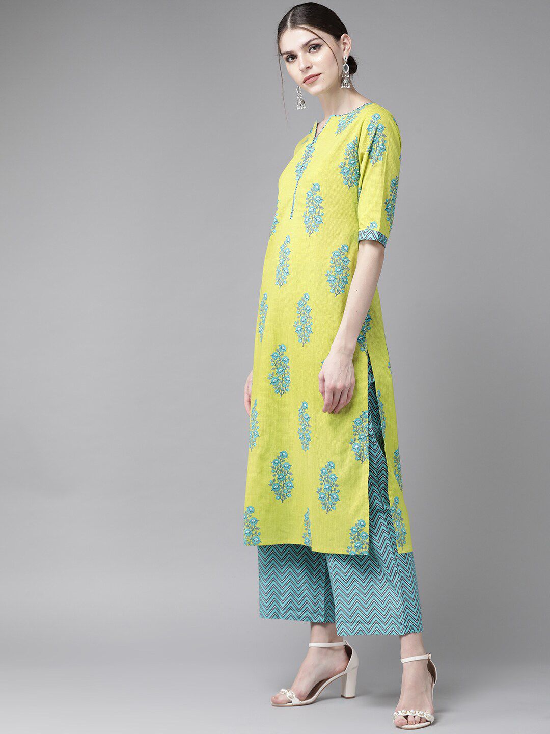 Libas Women Green Floral Printed Pure Cotton Kurta with Trousers & With Dupatta