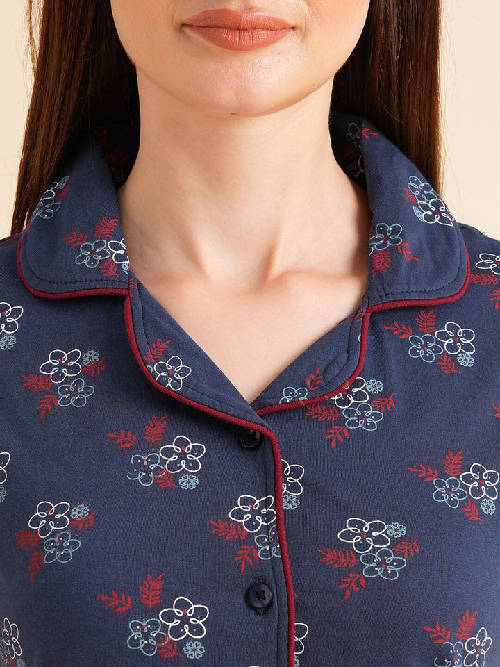 Sweet Dreams Navy Blue & Maroon Floral Printed Pure Cotton Night Suits