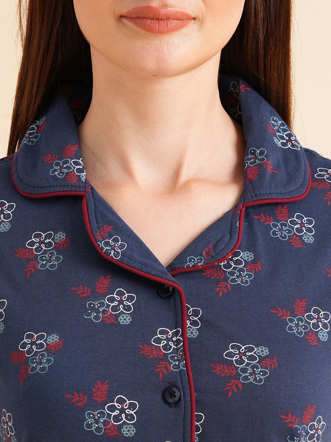 Sweet Dreams Navy Blue & Maroon Floral Printed Pure Cotton Night Suits