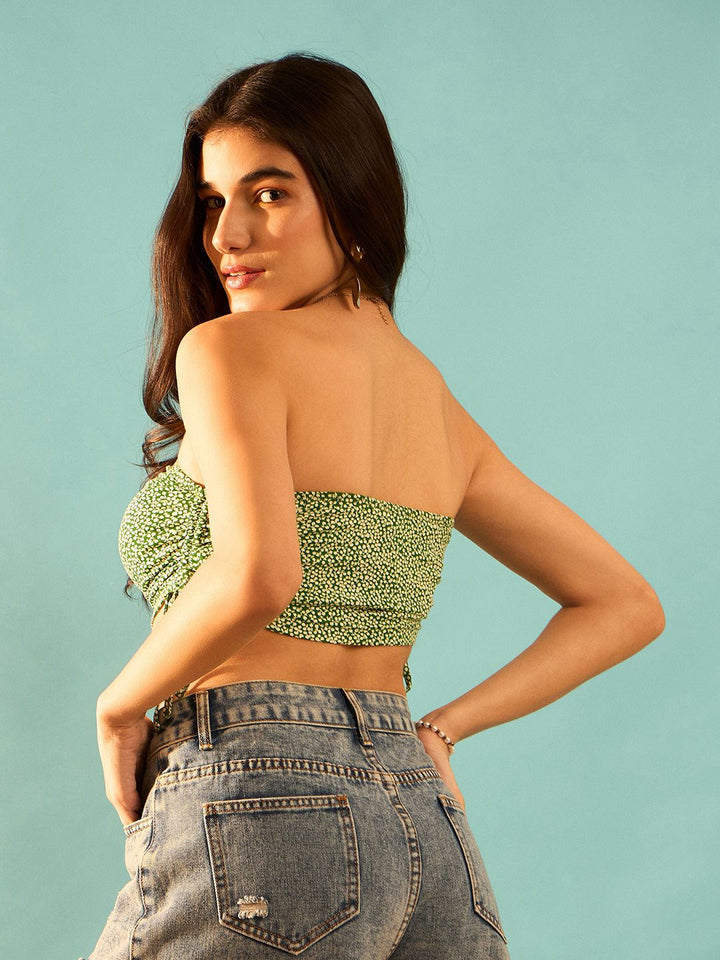 Berrylush Green Floral Printed Strapless Cotton Ruched Tube Pure Cotton Crop Top