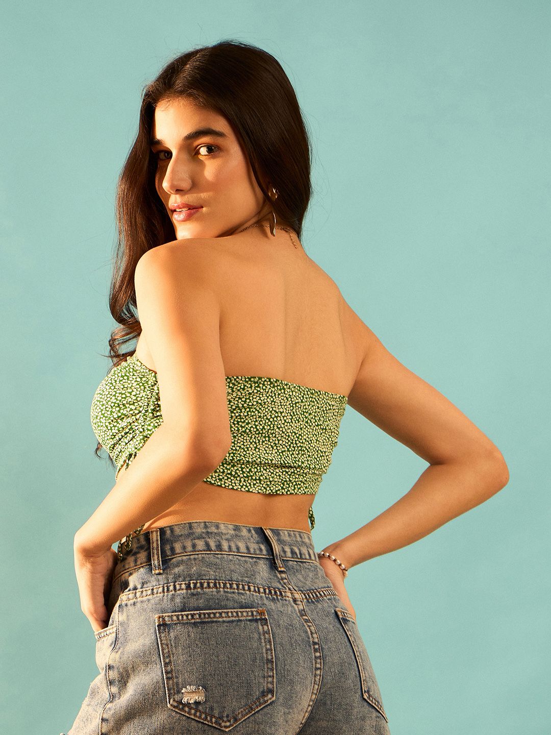 Berrylush Green Floral Printed Strapless Cotton Ruched Tube Pure Cotton Crop Top