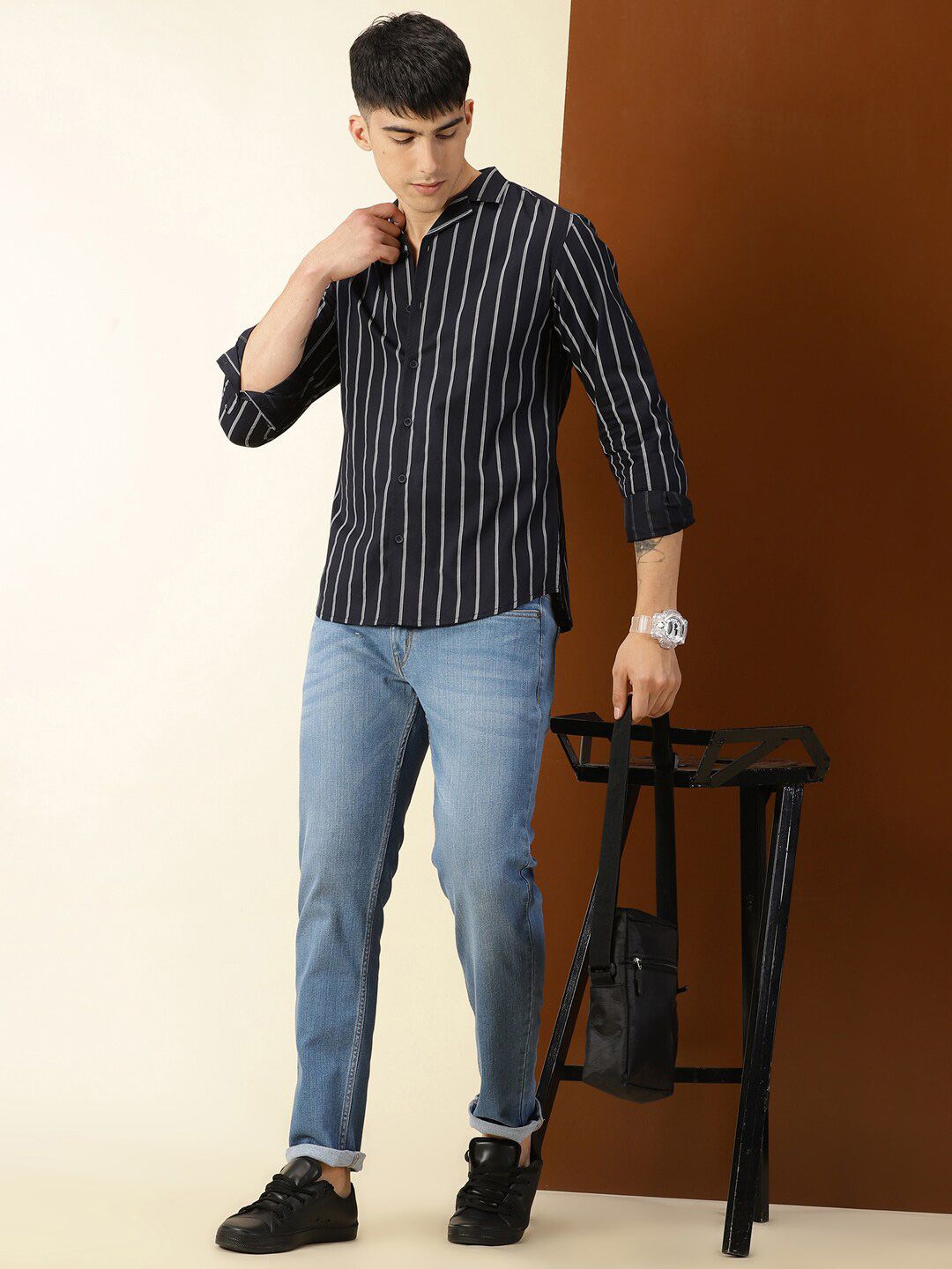 Thomas Scott Classic Vertical Stripes Cuban Collar Cotton Casual Shirt