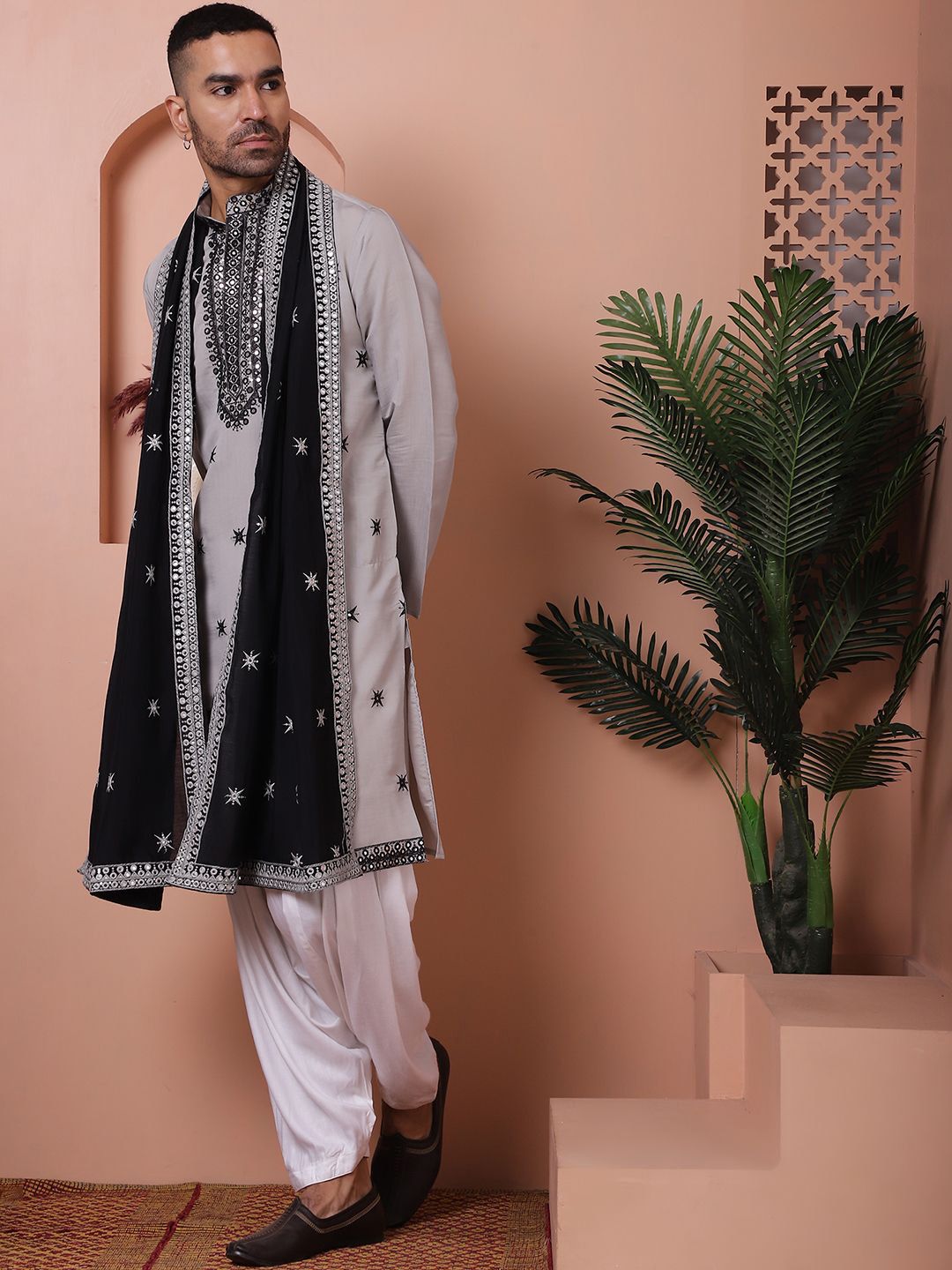 Jompers Embroidered Mandarin Collar Long Sleeves Kurta with Salwar & Dupatta