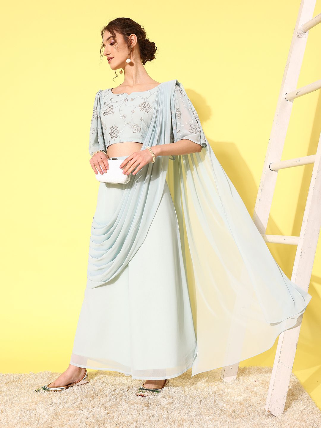 Libas Floral Embroidered Pure Georgette Palazzo Saree