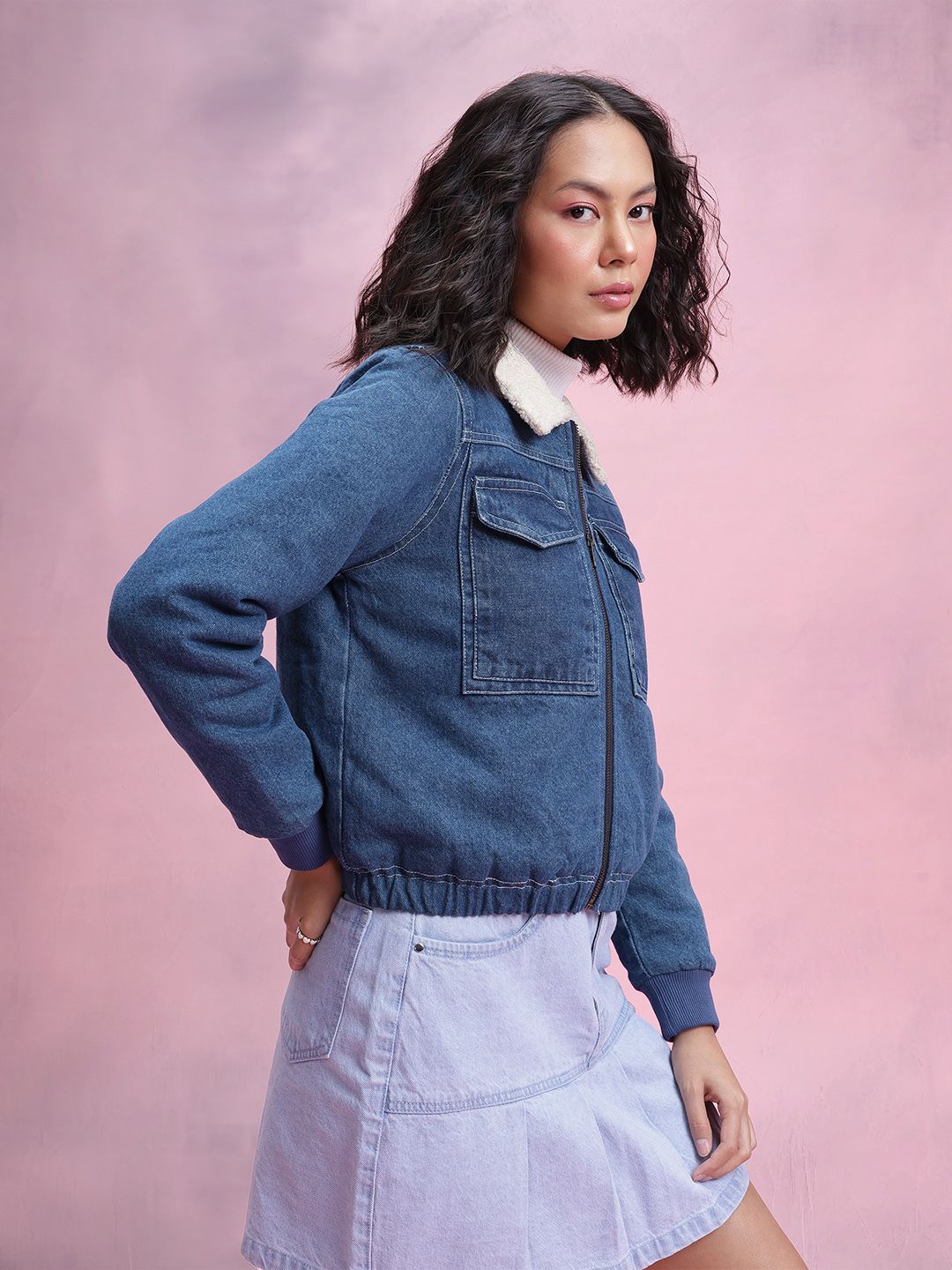 DressBerry Women Sherpa Trim Pure Cotton Denim Jacket