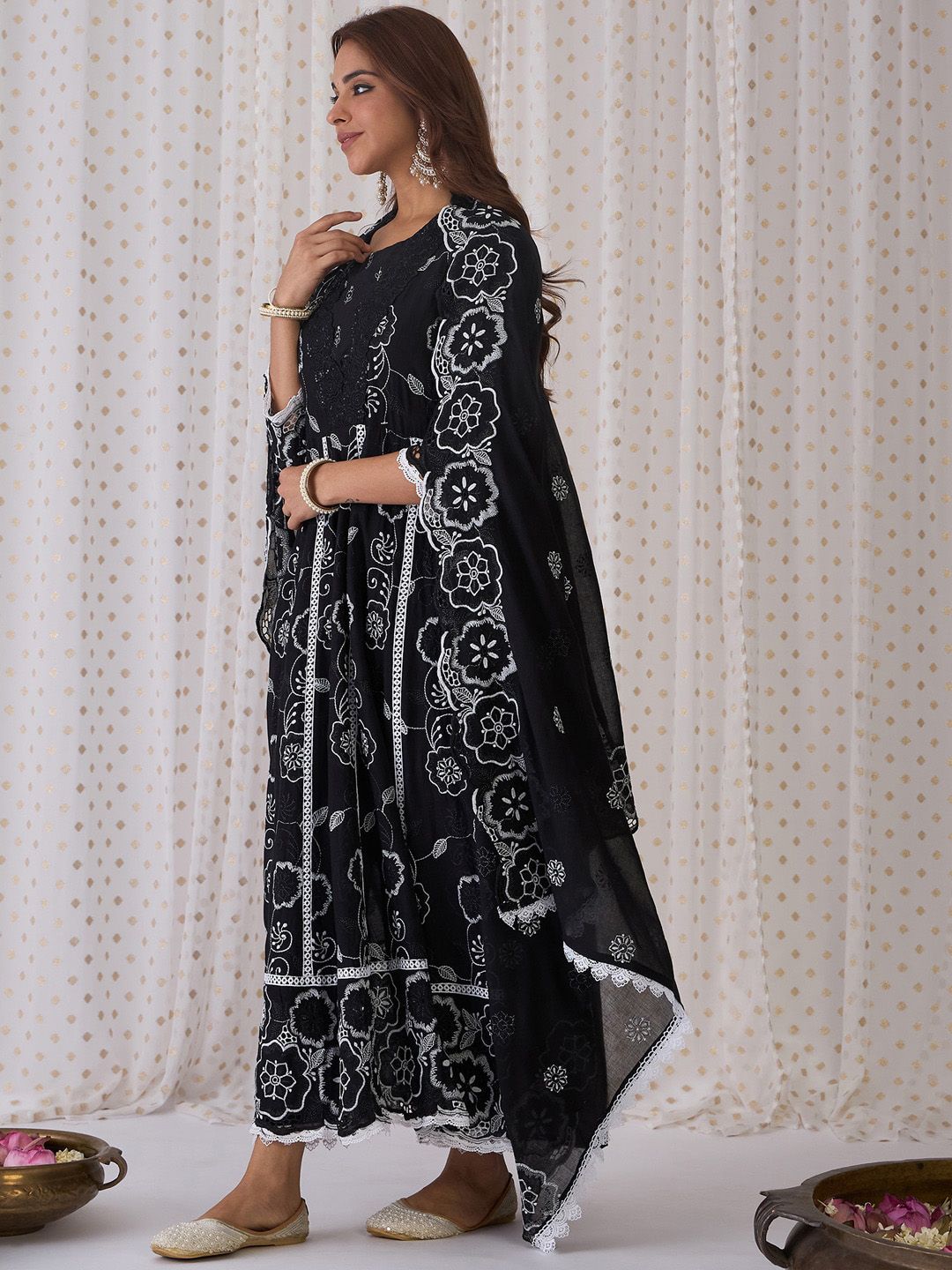 Indo Era Floral Embroidered Panelled Pure Cotton A-Line Kurta With Trouser & Dupatta