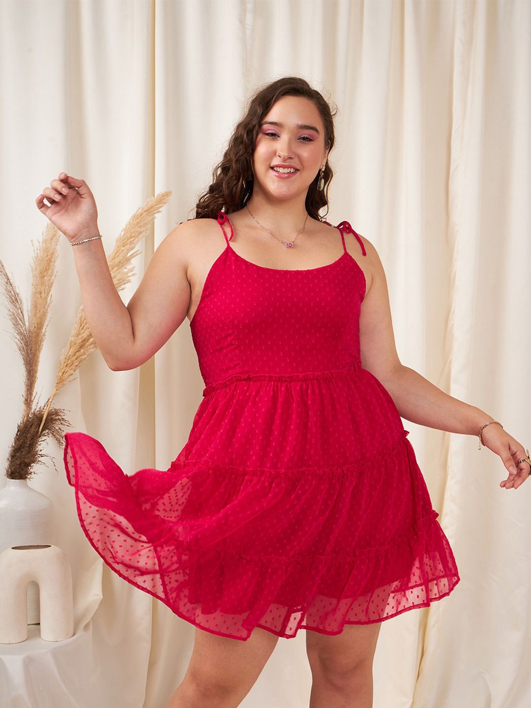 Berrylush Curve Plus Size Pink Self Design Shoulder Sraps Tiered Smocked Fit & Flare Dress