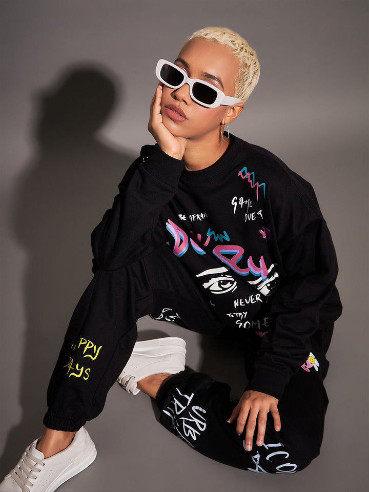 SASSAFRAS Typography Printed Long Sleeves Oversized Fleece Sweatshirt