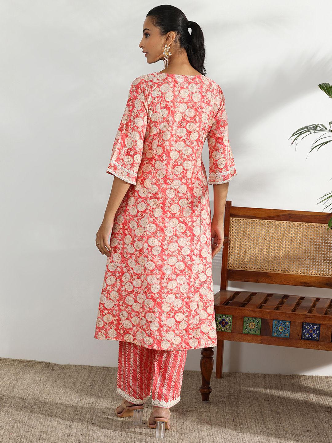 Libas Floral Printed Round Neck Three-Quarter Sleeves Panelled Kurta with Trousers