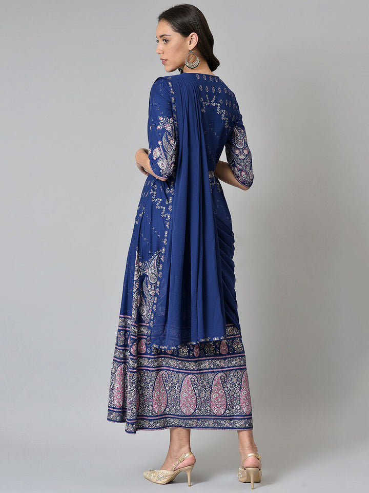 W Blue & Silver-Toned Ethnic Motifs Ethnic Maxi Dress