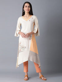 W Women Beige Floral Printed Flared Sleeves Kurta