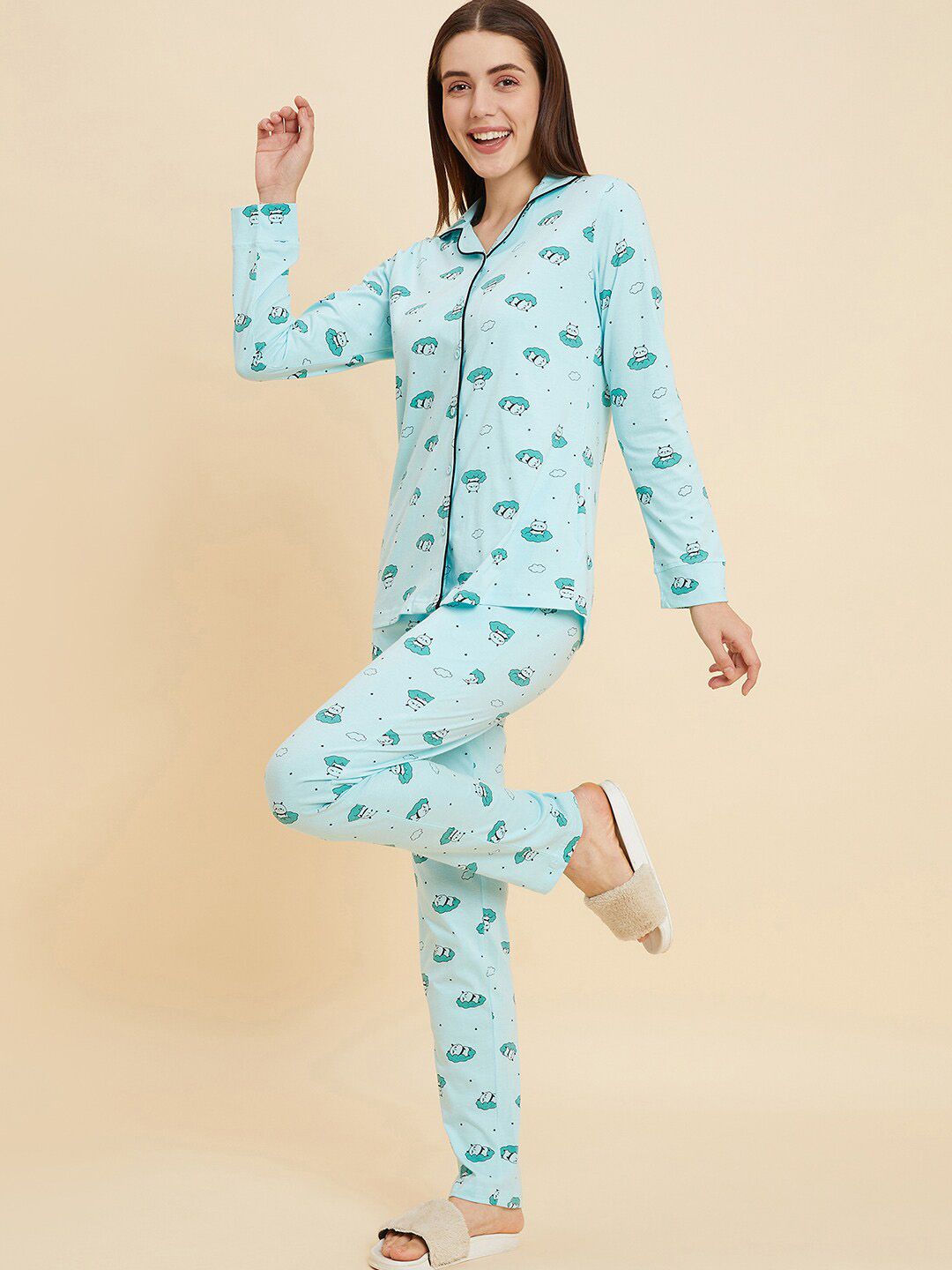 Sweet Dreams Green & White Conversational Printed Pure Cotton Night suit