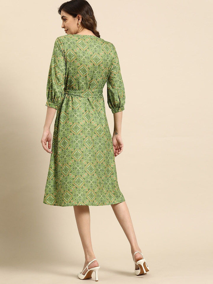 all about you Printed A-Line Ethnic Dress with Belt