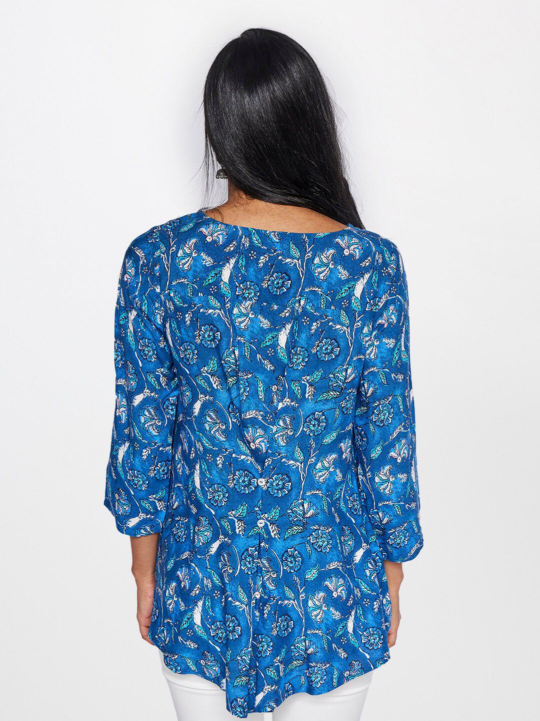 Global Desi Blue & White Floral Print Keyhole Neck Top