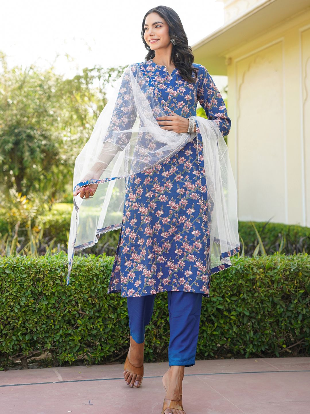 KALINI Floral Printed Gotta Patti Straight Kurta & Trousers With Dupatta