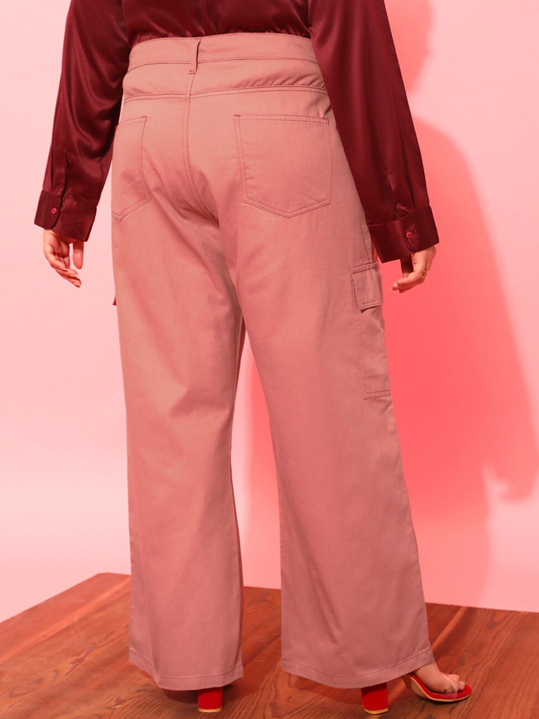 CURVY STREET Women Plus Size Pink Relaxed Straight Leg Pure Cotton Trousers