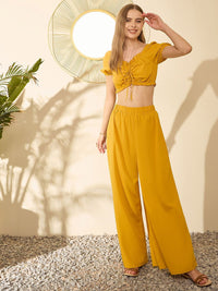 Berrylush Yellow Sweetheart Neck Crop Top With Palazzos