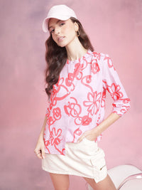 DressBerry Floral Print Band Collar Shirt Style Top