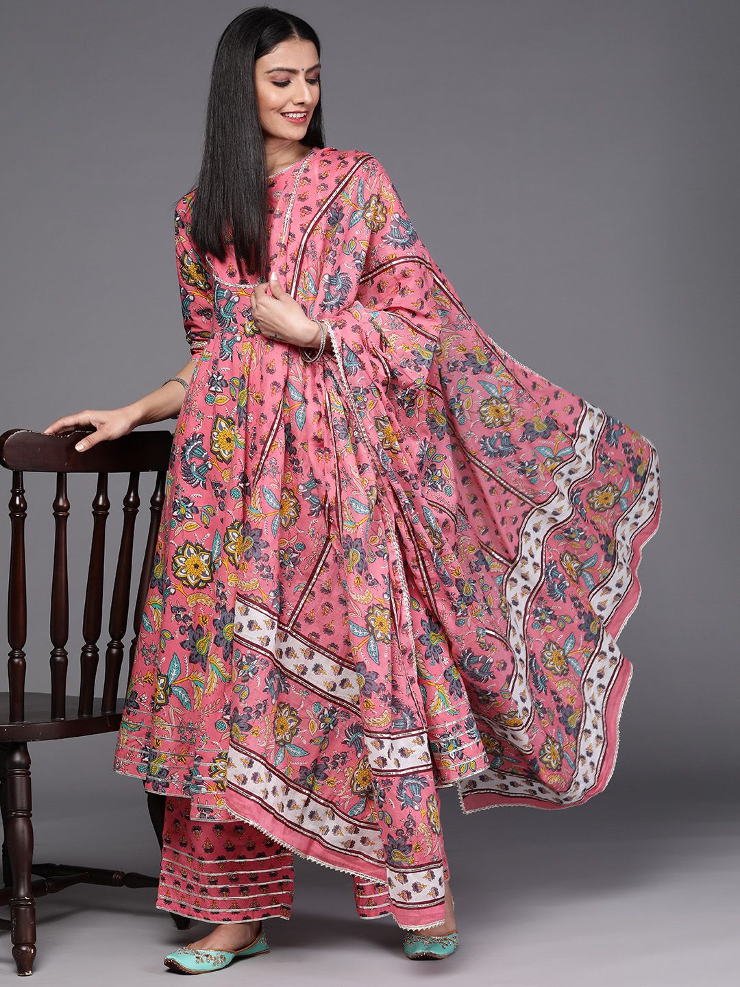 Libas Floral Printed Keyhole Neck Gotta Patti Anarkali Kurta With Palazzos & Dupatta