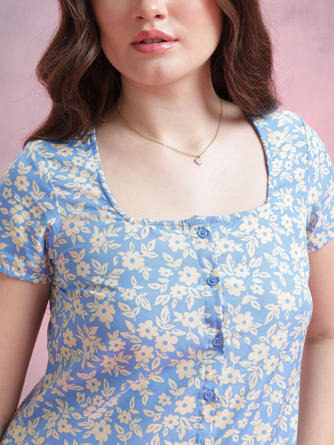 DressBerry Floral Print Square Neck Button-Up A-Line Dress