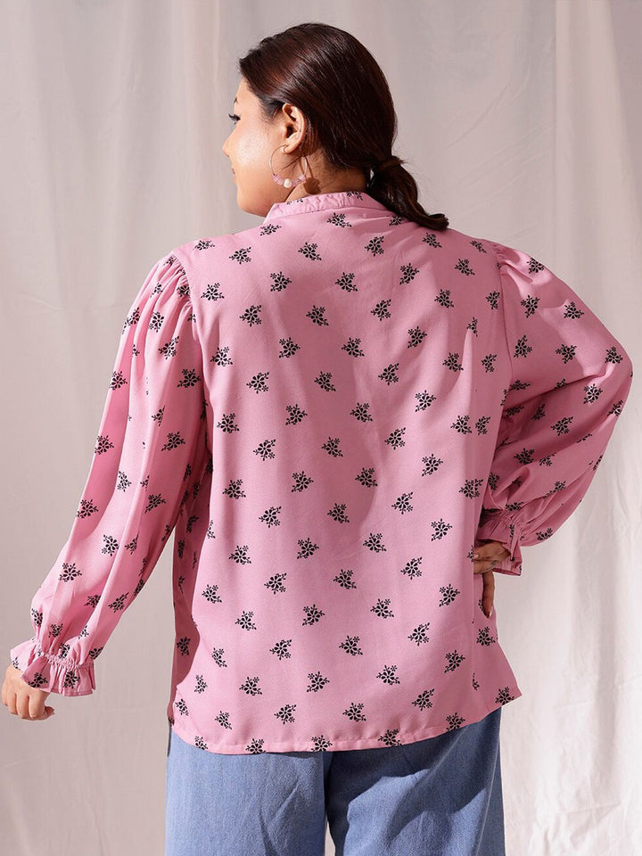 CURVY STREET Plus Size Comfort Floral Printed Mandarin Collar Casual Shirt