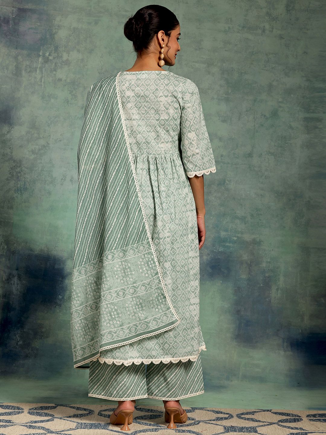 Libas Bandhani Printed V-Neck Pleated Pure Cotton A-Line Kurta with Palazzos & Dupatta