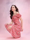 DressBerry Floral Printed Off-Shoulder Puff Sleeve Empire Dress with Slit Detail