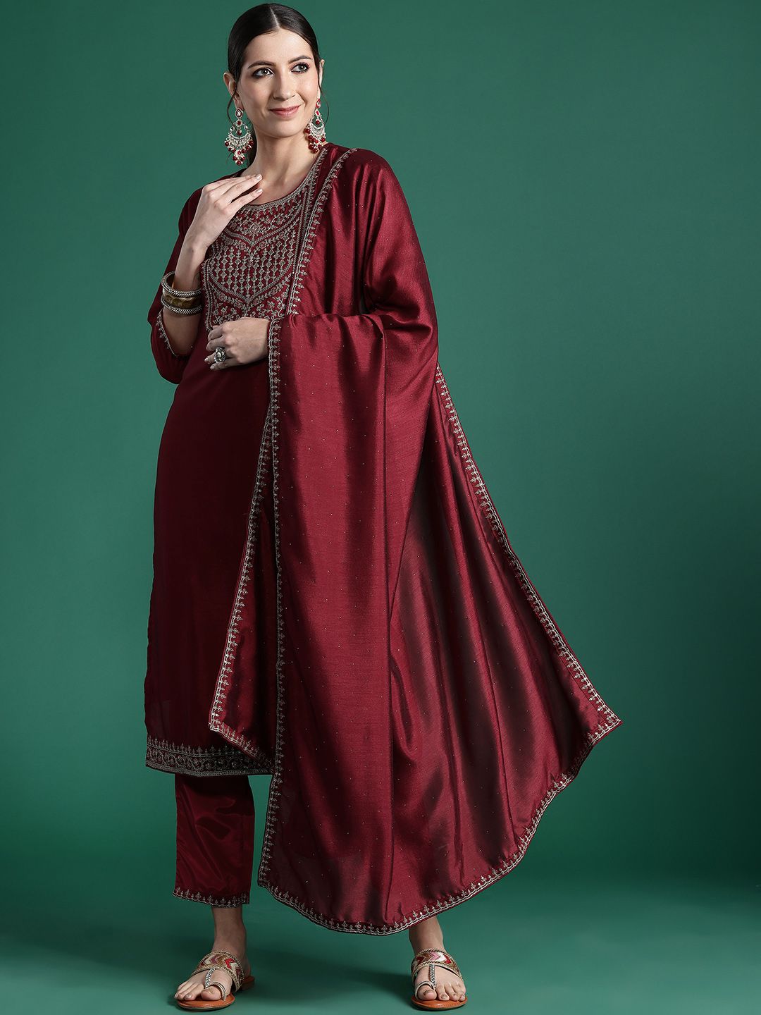 Indo Era Ethnic Motifs Yoke Design Sequinned Kurta with Trousers & Dupatta