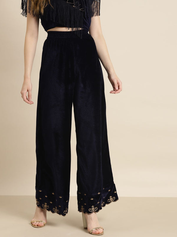 Shae by SASSAFRAS Women Navy Blue Embroidered Parallel Trousers