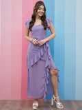 Athena Lavender Square Neck Flutter Sleeves Ruffled Detailed Maxi Dress