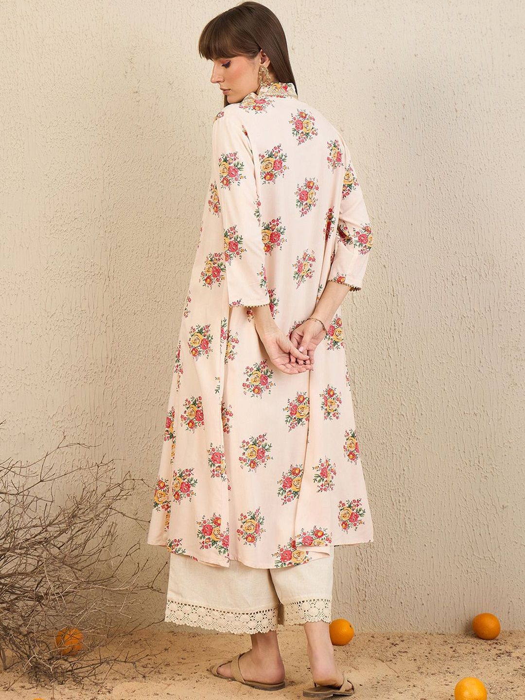 Indo Era White Floral Embroidered V-Neck Zari Panelled A-Line Kurta