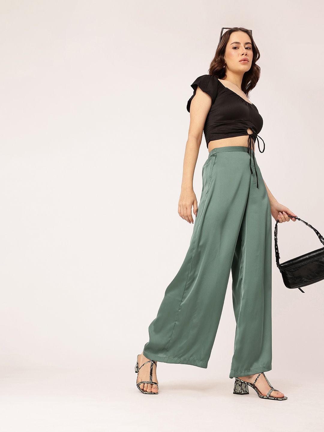 DressBerry Women Cool Matcha Satin Slay Retro Wide Trousers