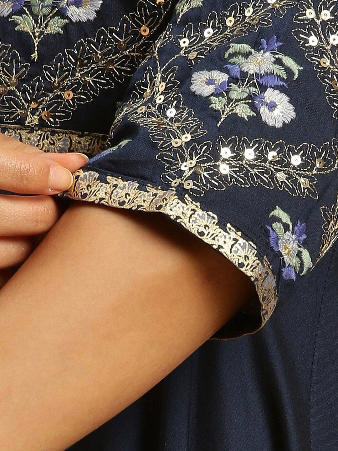 W Blue Floral Embroidered Sequined Maxi Ethnic Dress