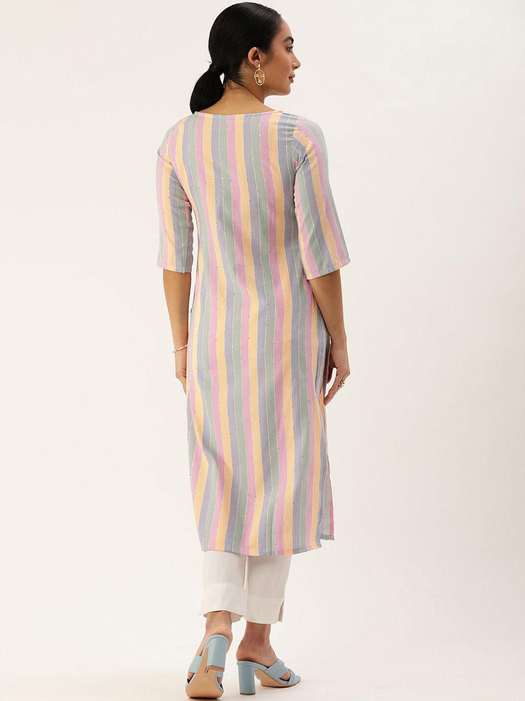 KALINI Women Striped Keyhole Neck Flared Sleeves Sequinned Kurta