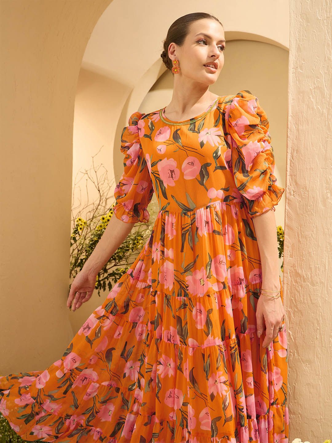 Antheaa Women Embellished Floral Printed Puff Sleeves Tiered Maxi Dress