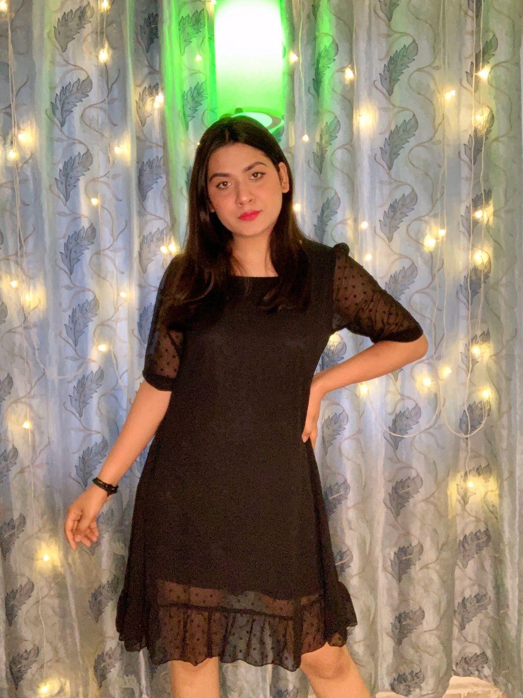 SASSAFRAS Black Self Design Dobby Weave A-Line Dress