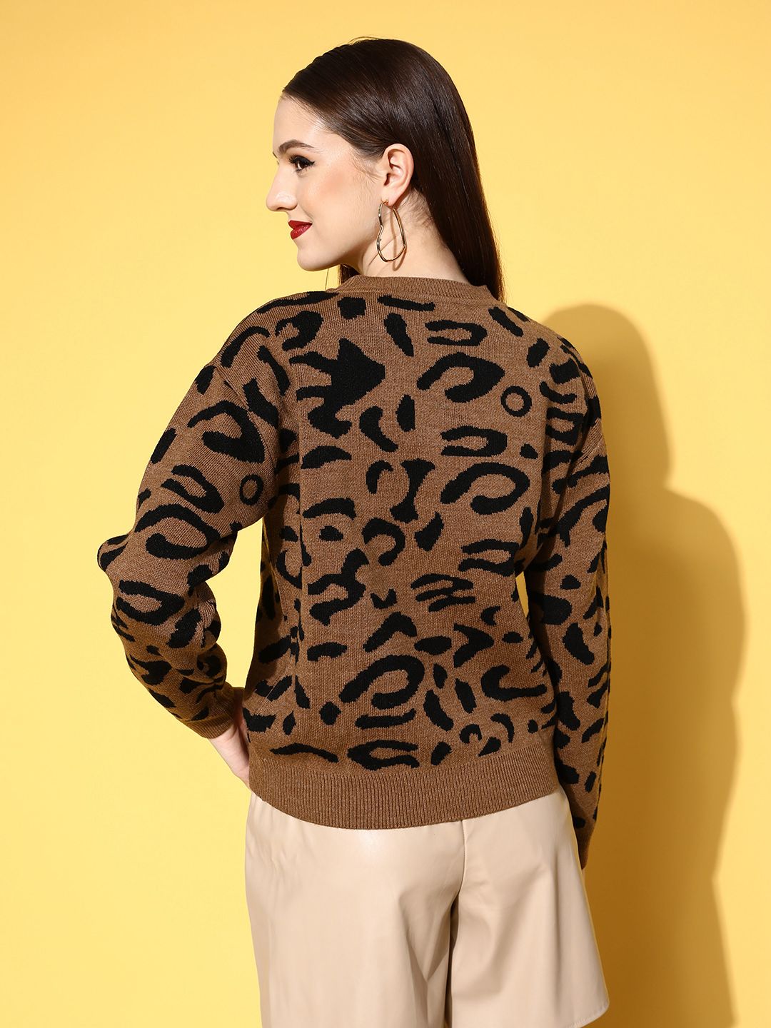Berrylush Women Chic Brown Animal Printed Knits Bits Sweater