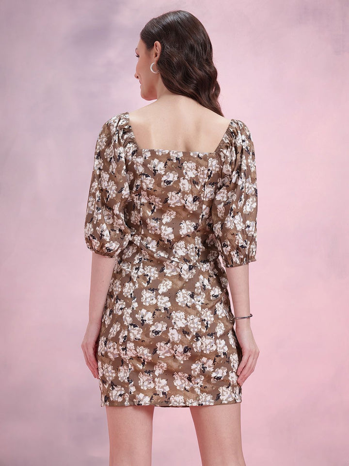 DressBerry Floral Print Puff Sleeve Bodycon Mini Dress