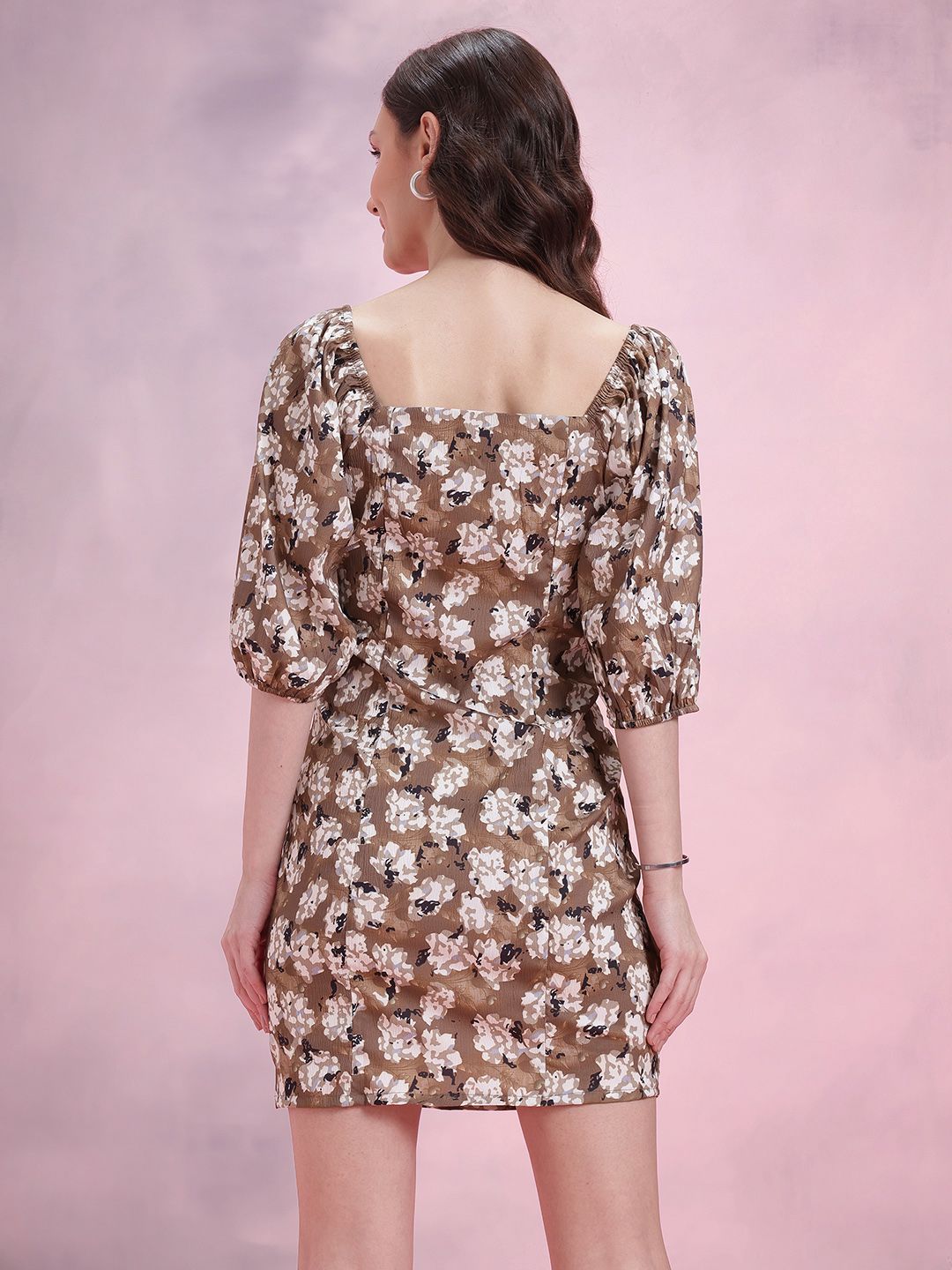 DressBerry Floral Print Puff Sleeve Bodycon Mini Dress