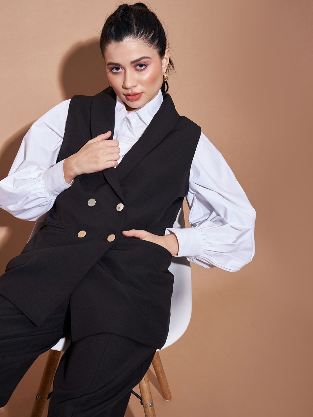 SASSAFRAS BASICS Comfort-Fit Shawl Collar Double-Breasted Longline Casual Blazer