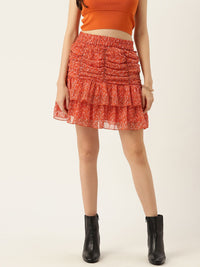 Antheaa Abstract Print Gathered & Pleated Flared Mini Skirt