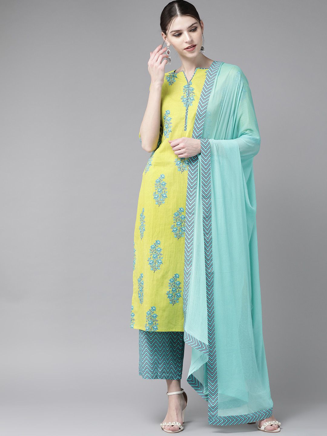Libas Women Green Floral Printed Pure Cotton Kurta with Trousers & With Dupatta