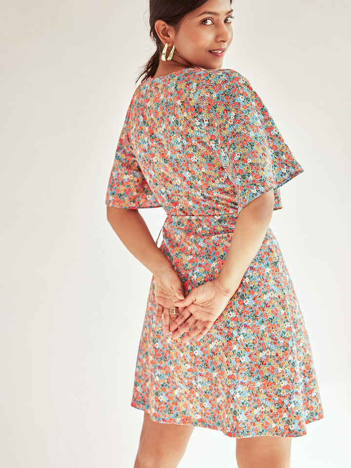 The Label Life V-Neck Floral Print Flared Sleeve Dress