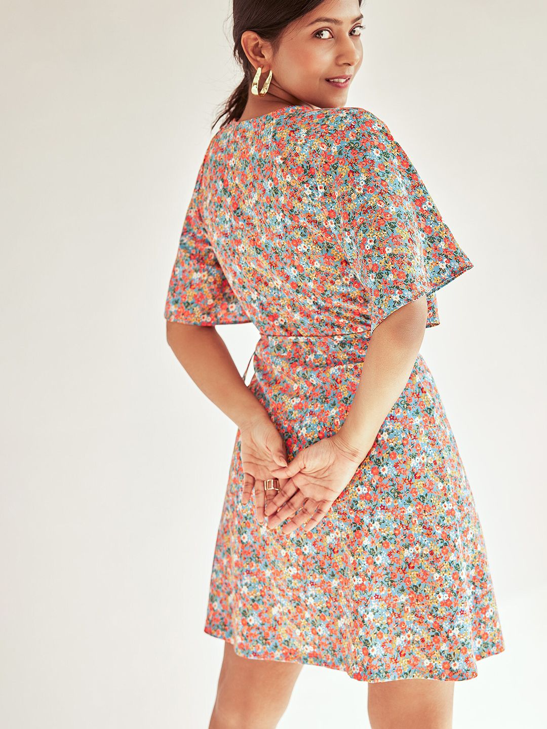 The Label Life V-Neck Floral Print Flared Sleeve Dress