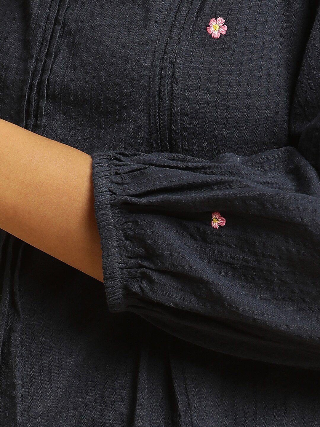 W Blue & Pink Vertical Striped Embroidered Pure Cotton Top