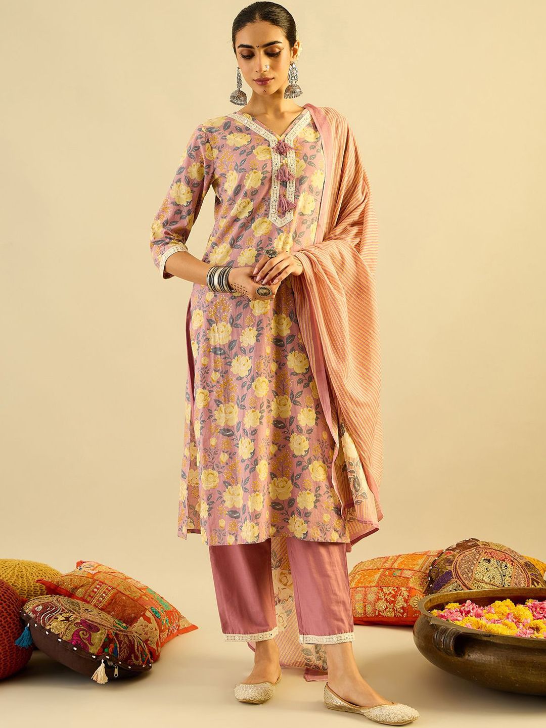 Indo Era Floral Printed Pure Cotton Kurta With Trousers &  Dupatta