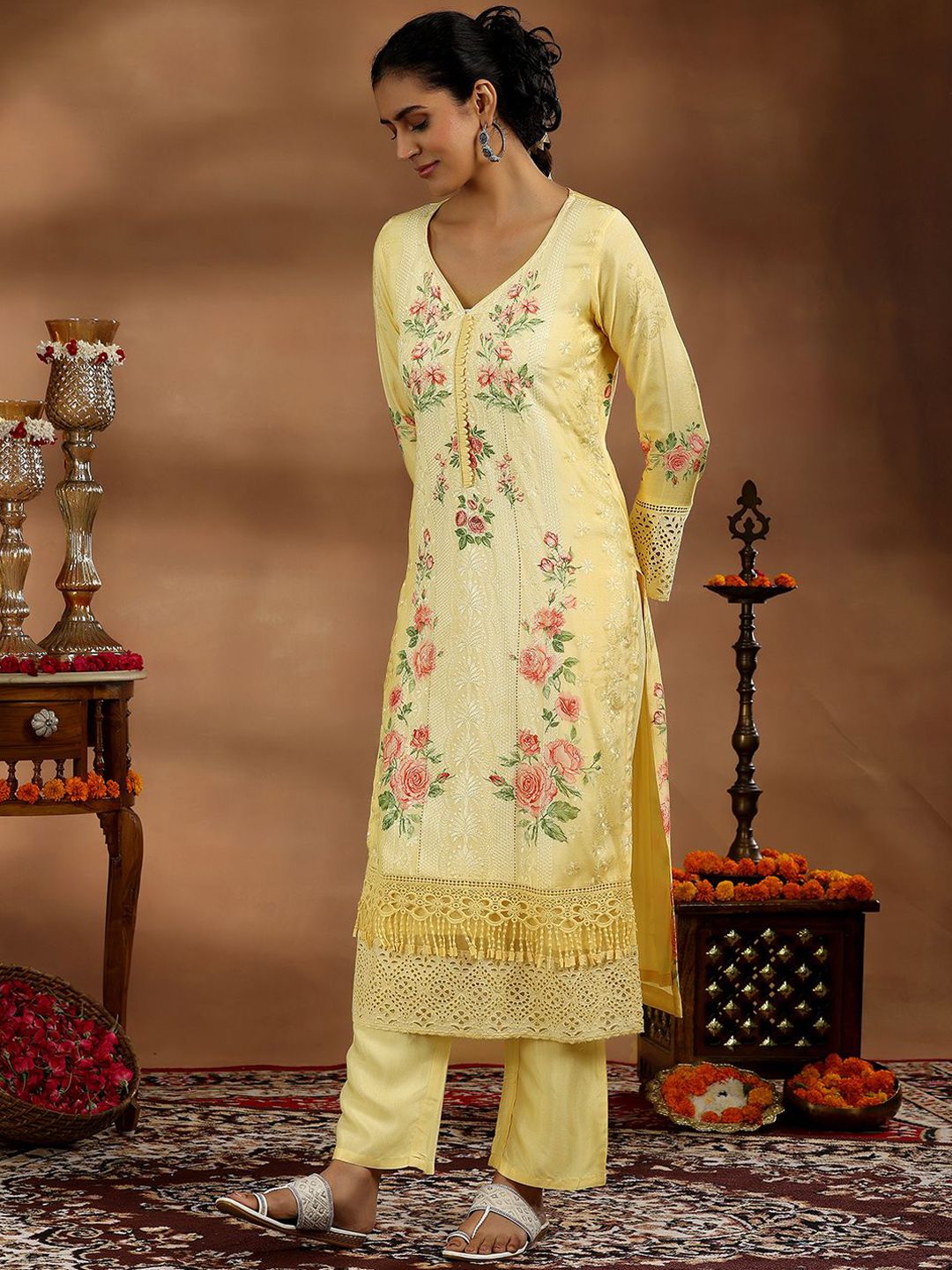 Libas Floral Printed Thread Work Straight Kurta With Trousers & Dupatta