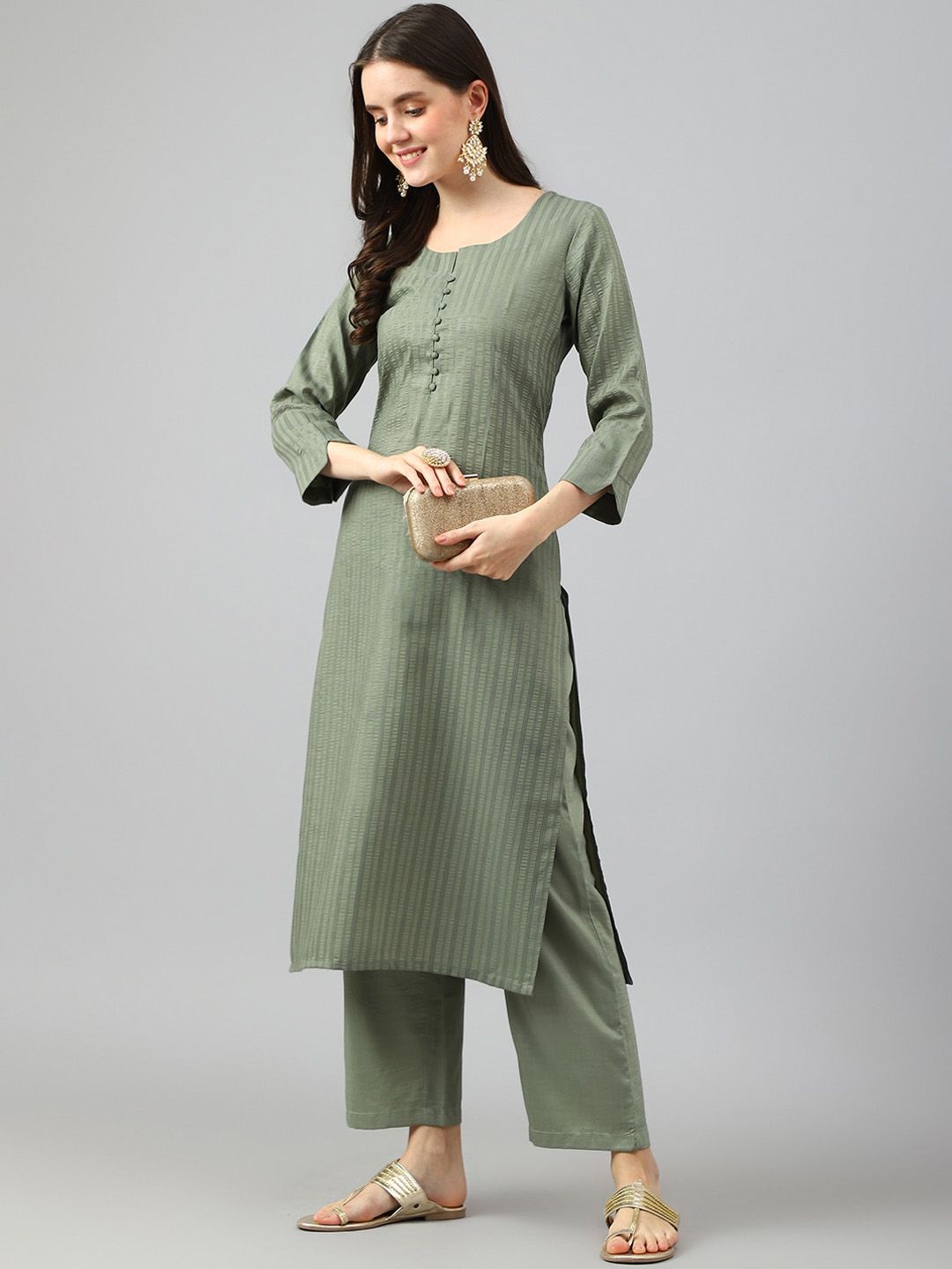 KALINI Striped Round Neck Kurta with Trousers