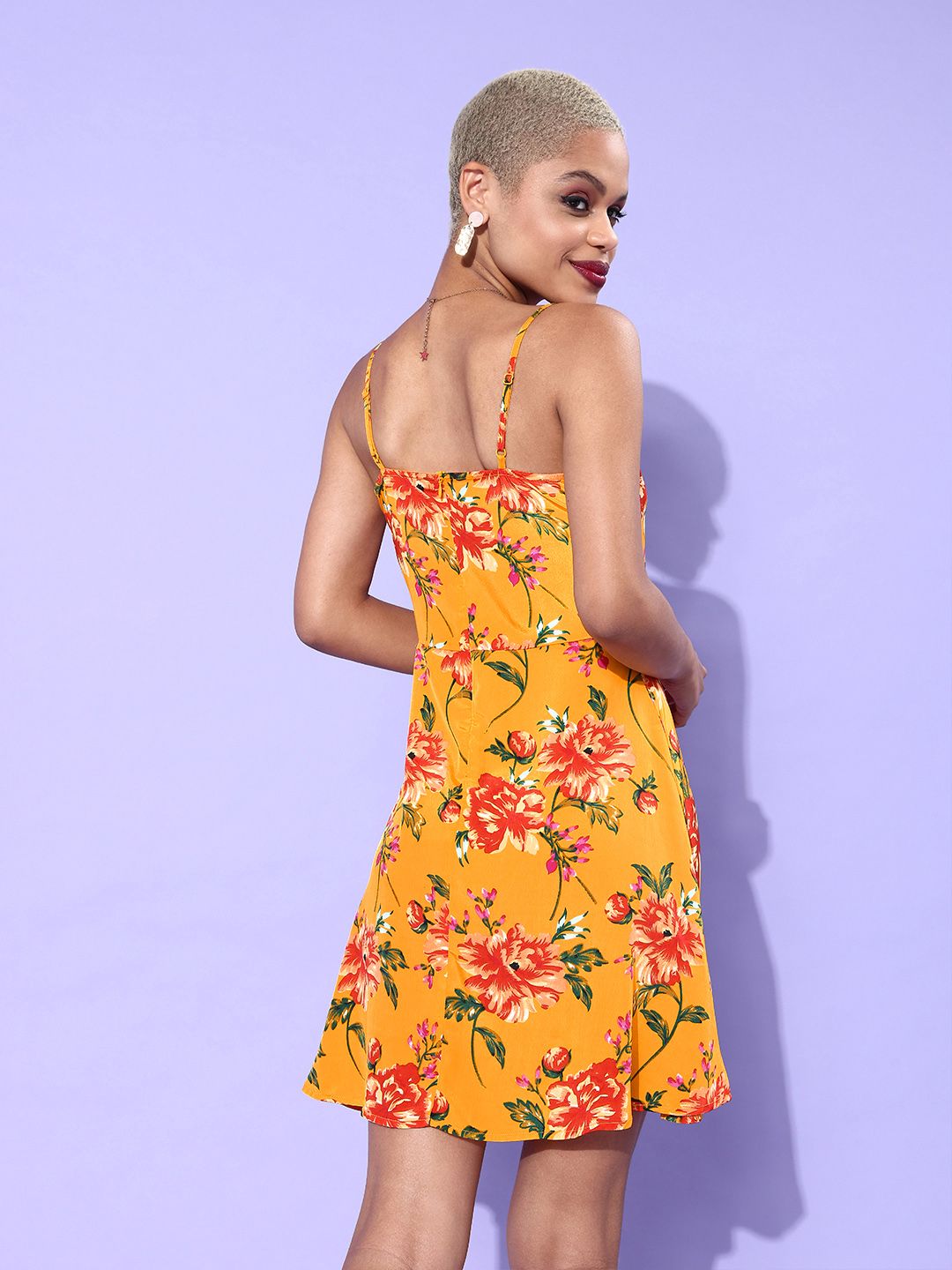 Berrylush Yellow & Red Floral Crepe Mini Dress