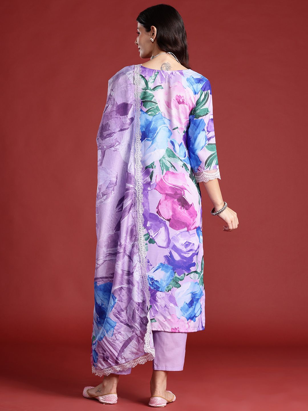 Indo Era Floral Printed Thread Work Kurta with Trousers & Dupatta